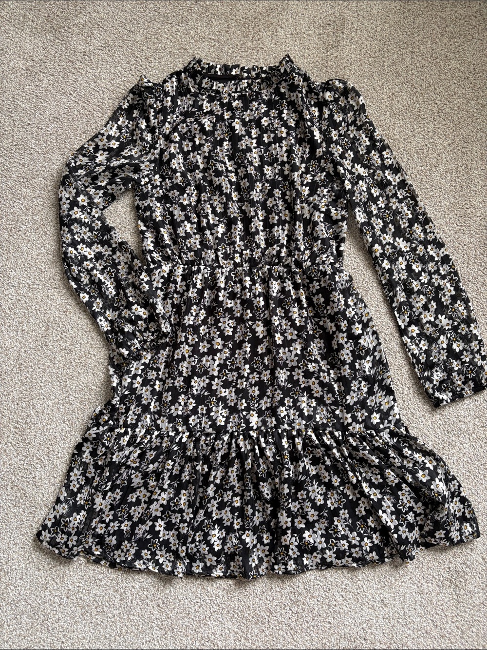 Black Floral Long-Sleeve Ruffle Hem Dress